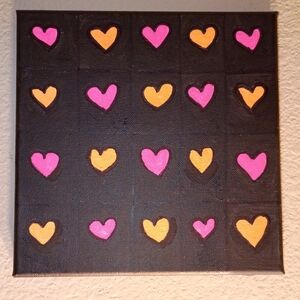 Handpainted Neon Orange And Pink Heart Pattern Acrylic Painting On Canvas